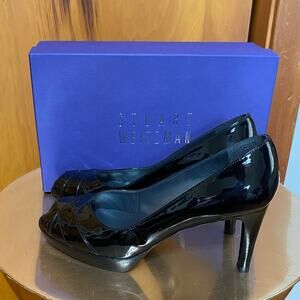 Stuart Weitzman Patent Leather Black Peep Toe Heels Woven Look Box Authenticated